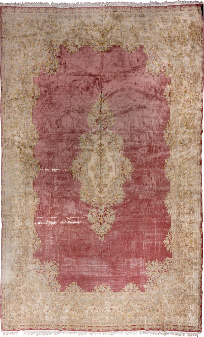 11' x 18' one-of-a-kind handmade vintage Kerman oversize rug. Color palette: brown, gray, light gray, off-white, orange