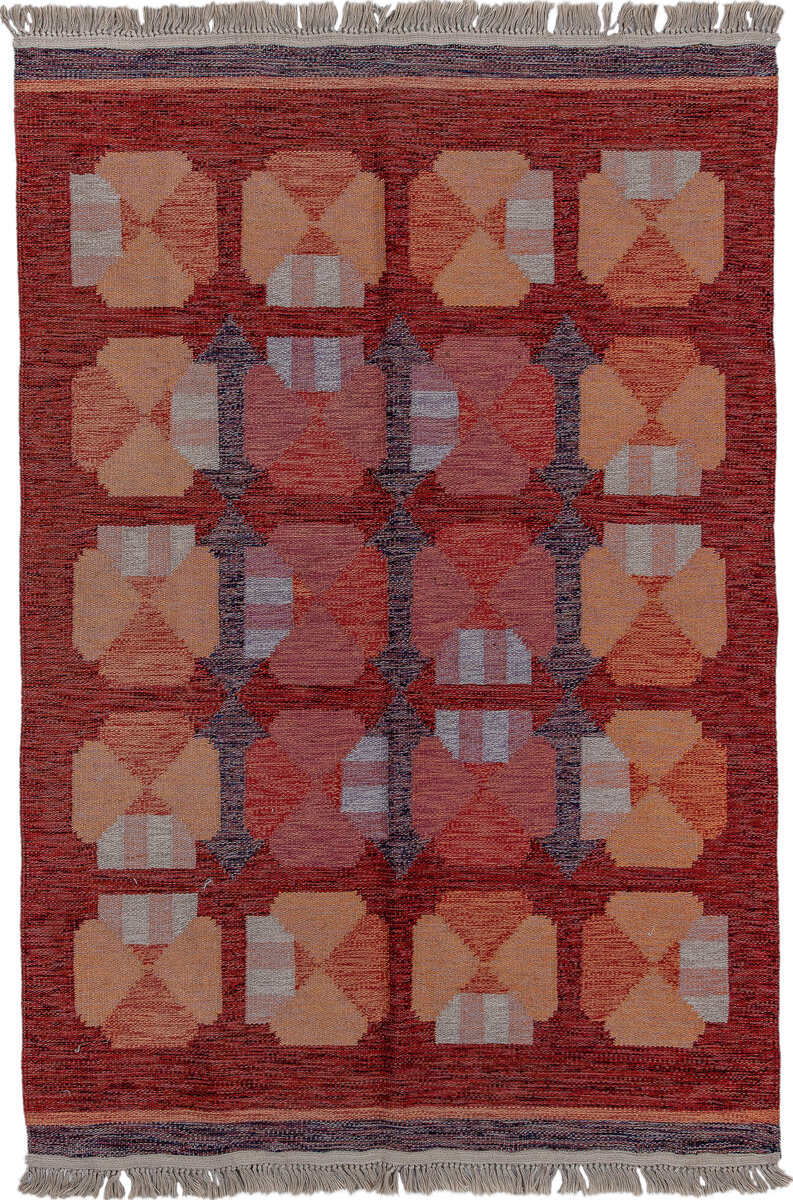 5' x 8' one-of-a-kind handmade vintage Rollaken medium size rug. Color palette: black, blue, brown, gray, indian red