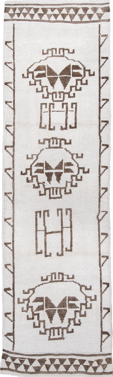 3' x 12' one-of-a-kind handmade vintage Kars runner rug. Color palette: brown, dark gray, floral white, gainsboro, gray