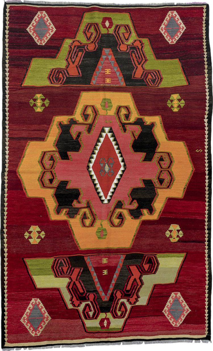 5' x 8' one-of-a-kind handmade vintage Kilim medium size rug. Color palette: brown, burgundy, dark gray, dim gray, gray