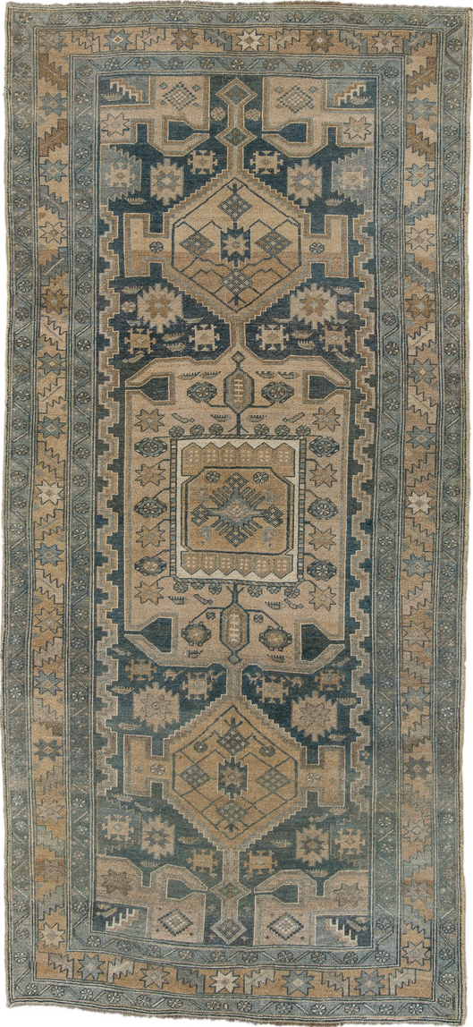 4' x 9' one-of-a-kind handmade vintage NW Persian runner rug. Color palette: black, brown, charcoal, gray, light gray