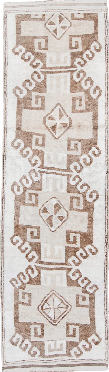 3' x 11' one-of-a-kind handmade vintage Kars runner rug. Color palette: brown, gainsboro, gray, light gray, linen, off-white