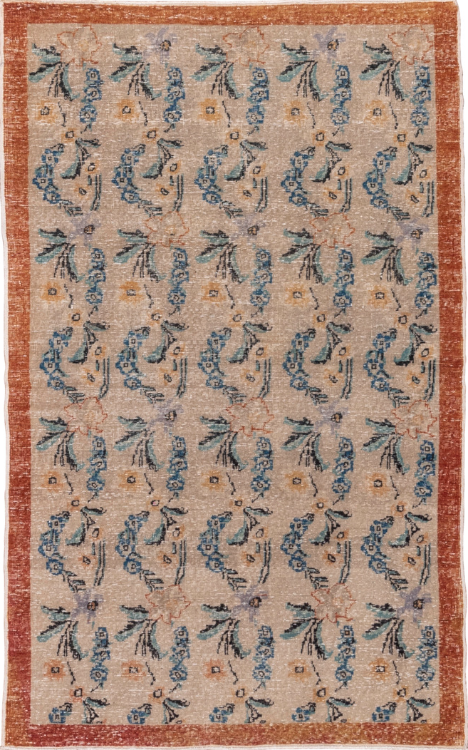 4' x 6' one-of-a-kind handmade vintage Oushak small size rug. Color palette: black, blue, brown, charcoal, dim gray, gray