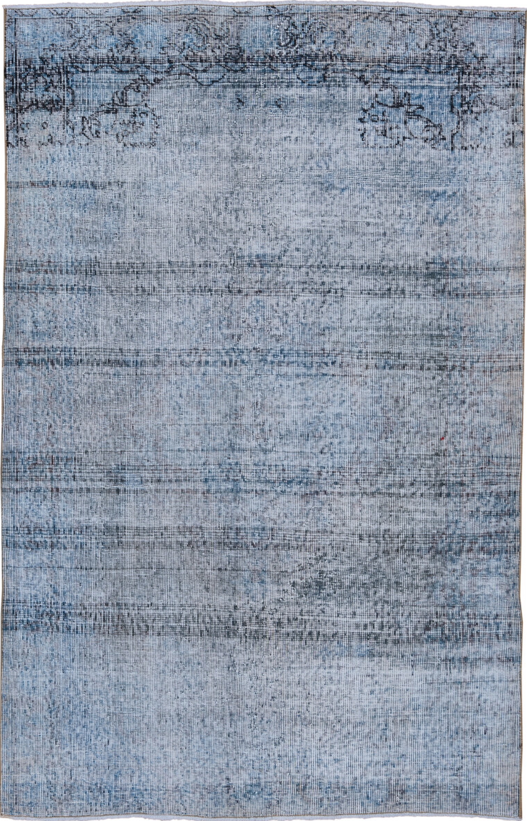 4' x 6' one-of-a-kind handmade vintage Overdyed small size rug. Color palette: blue, fiord, gray, light blue, light gray