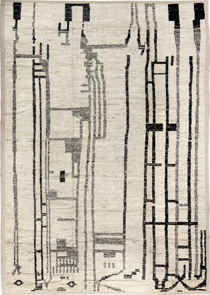 9' x 12' one-of-a-kind handmade vintage Tulu large size rug. Color palette: black, blue, charcoal, dark gray, dim gray