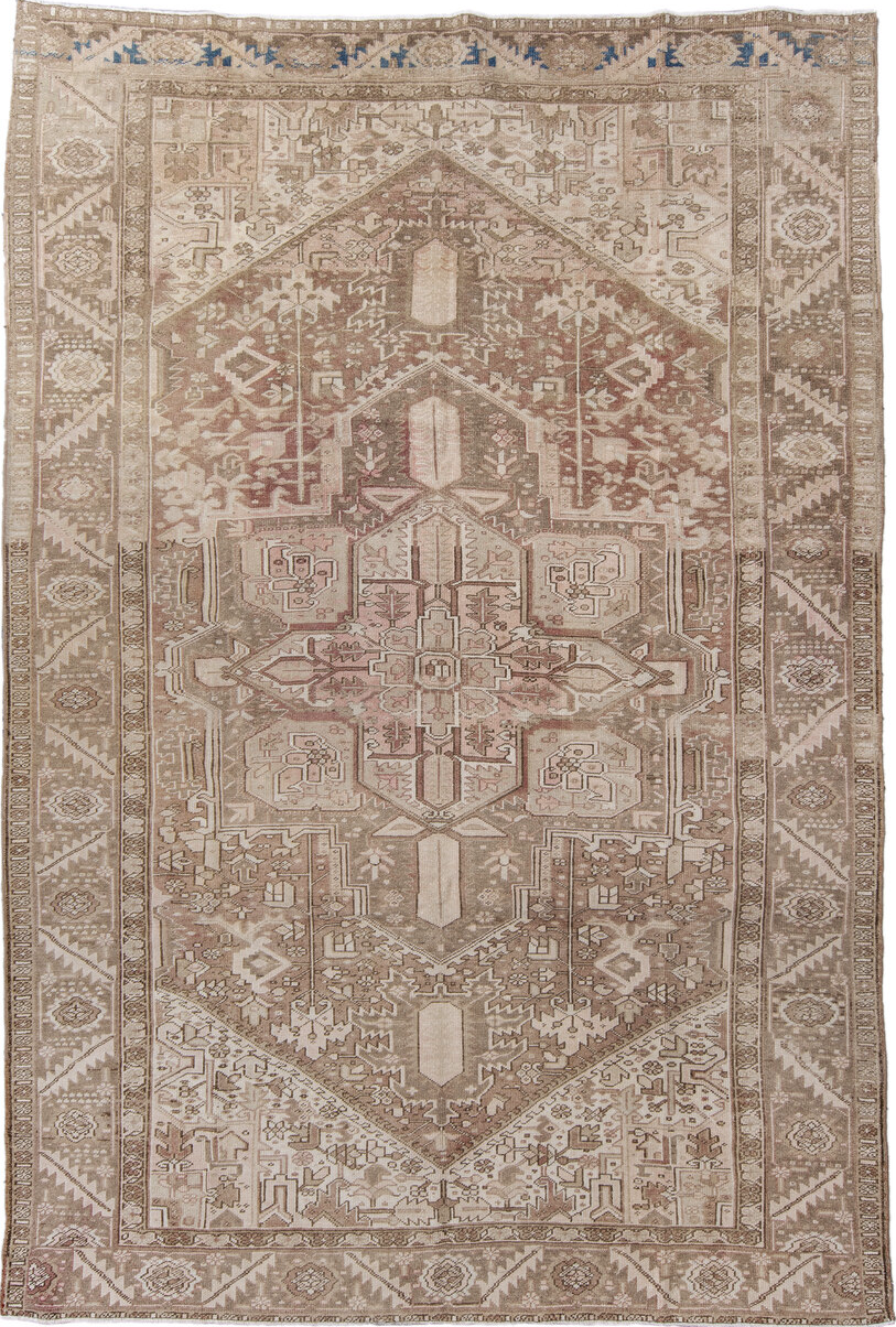 8' x 11' one-of-a-kind handmade vintage Heriz large size rug. Color palette: blue, brown, gray, light gray, off-white, pink