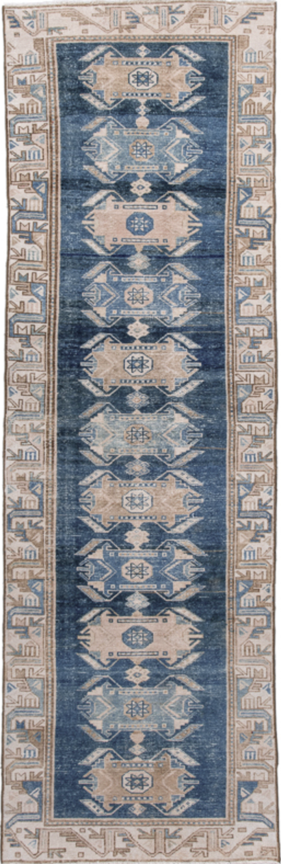 3' x 9' one-of-a-kind handmade vintage Malayer runner rug. Color palette: blue, brown, dark gray, gray, light gray
