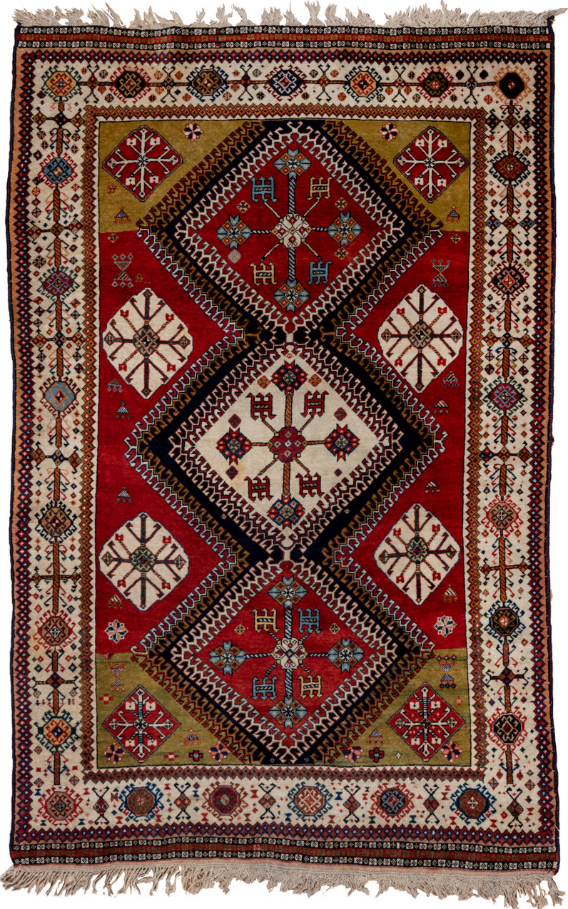 4' x 7' one-of-a-kind handmade vintage Qashqai rug. Color palette: black, blue, brown, charcoal, dark gray, gray, pink, red