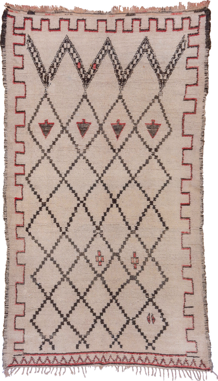 6' x 11' one-of-a-kind handmade vintage Moroccan large size rug. Color palette: brown, gray, light gray, off-white, pink
