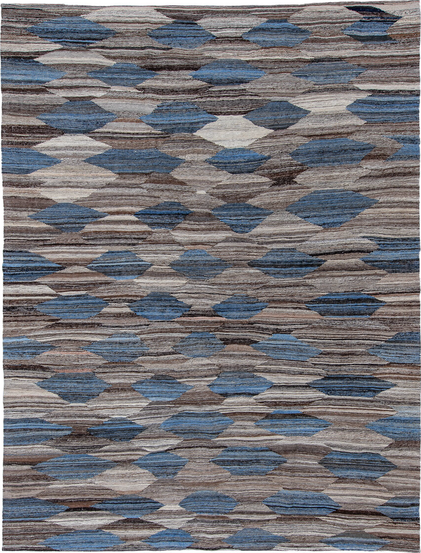 9' x 11' one-of-a-kind handmade vintage Kilim large size rug. Color palette: black, blue, dark gray, dim gray, gainsboro