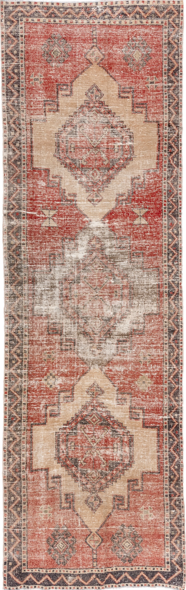 3' x 11' one-of-a-kind handmade vintage Oushak runner rug. Color palette: brown, gray, off-white, orange, pink, red