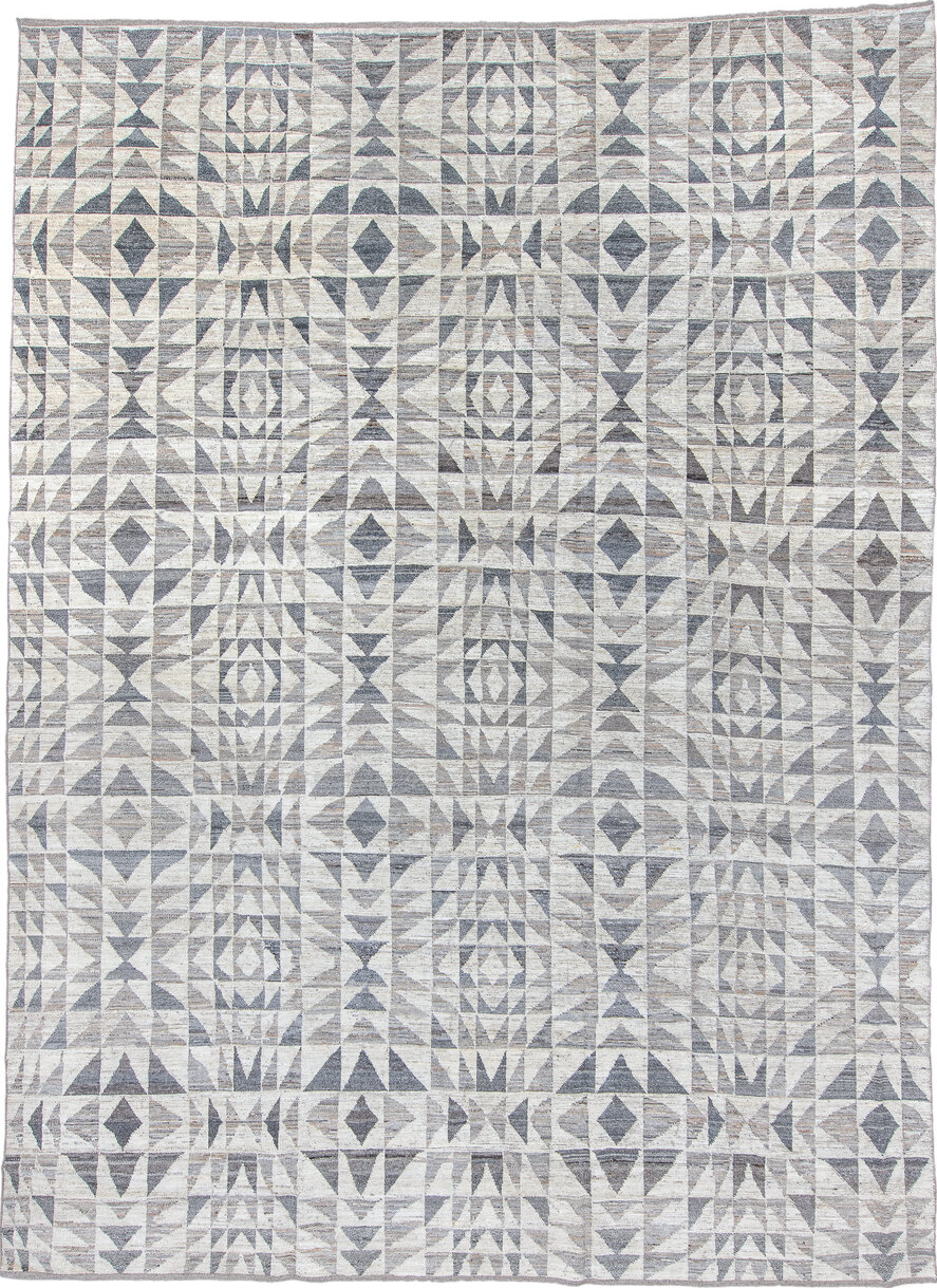 10' x 14' one-of-a-kind handmade vintage Kilim large size rug. Color palette: black, blue, charcoal, dark gray, dim gray