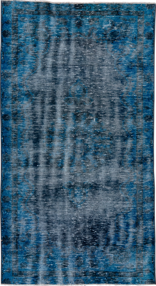 3' x 6' one-of-a-kind handmade vintage Overdyed small size rug. Color palette: arapawa, blue, gray, light blue, light gray