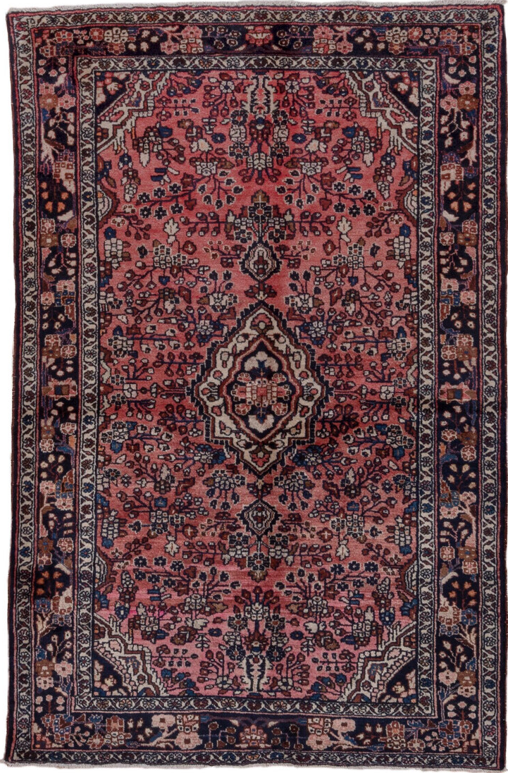 4' x 6' one-of-a-kind handmade vintage Lilian small size rug. Color palette: gray, brown, red, pink, black, blue, wine