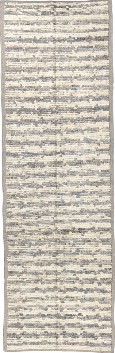 3' x 9' one-of-a-kind handmade vintage Tulu runner rug. Color palette: dark gray, dim gray, gray, light gray, off-white
