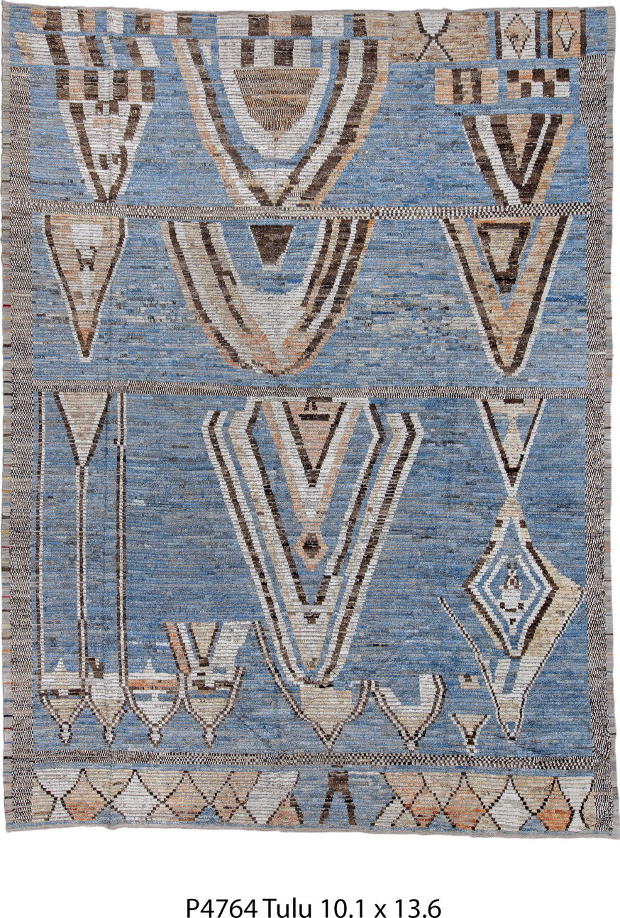 10' x 13' one-of-a-kind handmade vintage Tulu large size rug. Color palette: blue, brown, dark gray, dim gray, fiord