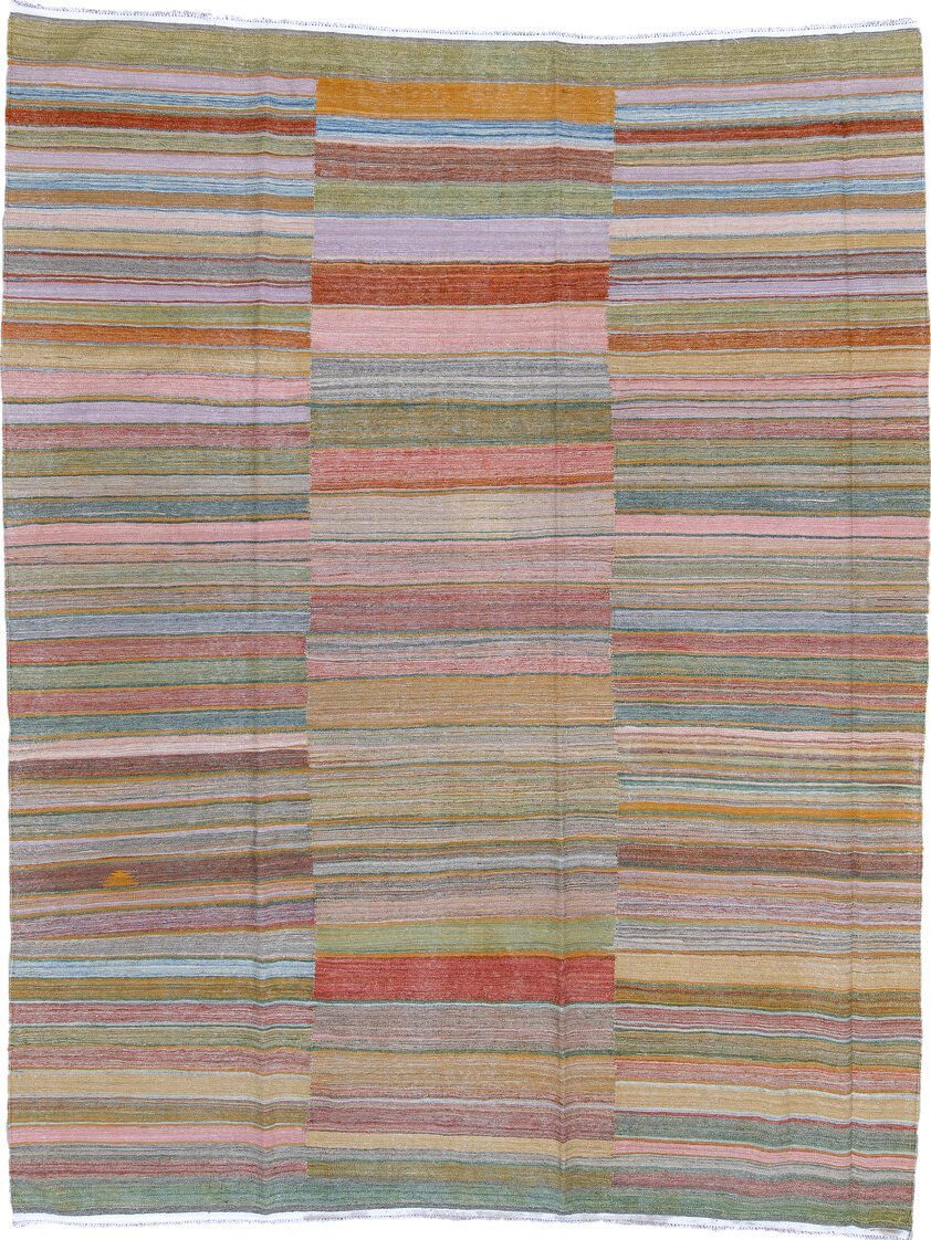 8' x 12' one-of-a-kind handmade vintage Kilim large size rug. Color palette: blue, brown, dark gray, gray, light gray