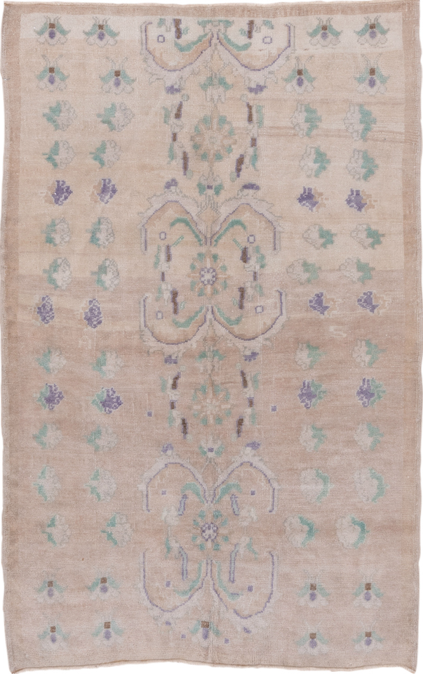 4' x 7' one-of-a-kind handmade vintage Oushak rug. Color palette: dark gray, gray, light gray, off-white, pink, snow, white