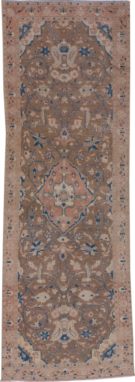 3' x 10' one-of-a-kind handmade vintage Oushak runner rug. Color palette: blue, brown, gray, light gray, pink