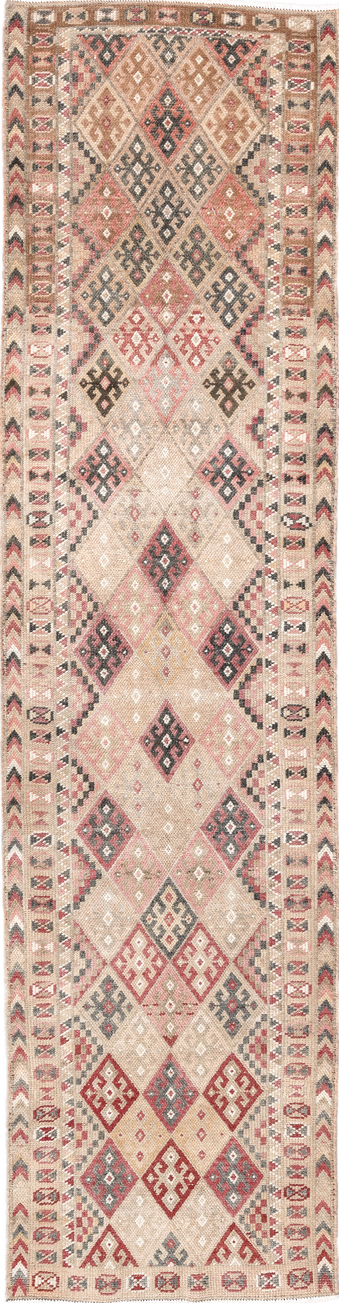 2' x 10' one-of-a-kind handmade vintage Kars runner rug. Color palette: pink, off-white, gray, brown, light gray, red