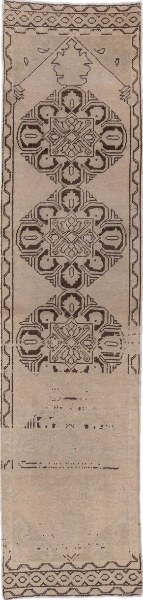 2' x 10' one-of-a-kind handmade vintage Oushak runner rug. Color palette: brown, gray, light gray, off-white, pink, snow