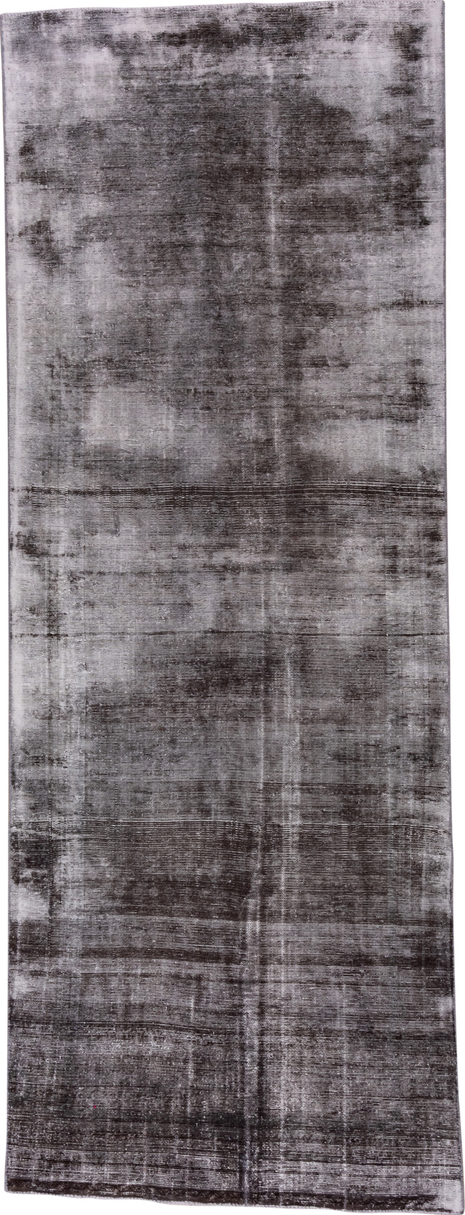 4' x 11' one-of-a-kind handmade vintage Distressed runner rug. Color palette: black, blue, dark gray, dim gray, gray