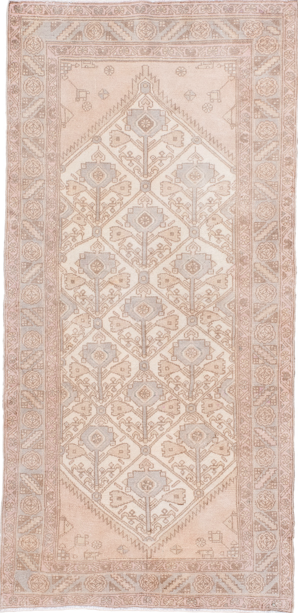 3' x 6' one-of-a-kind handmade vintage Malayer runner rug. Color palette: antiquewhite, gray, light gray, linen, off-white