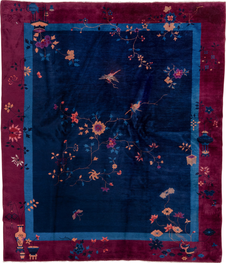 8' x 9' one-of-a-kind handmade vintage Chinese rug. Color palette: blue, brown, gray, light gray, off-white, pink, red, snow