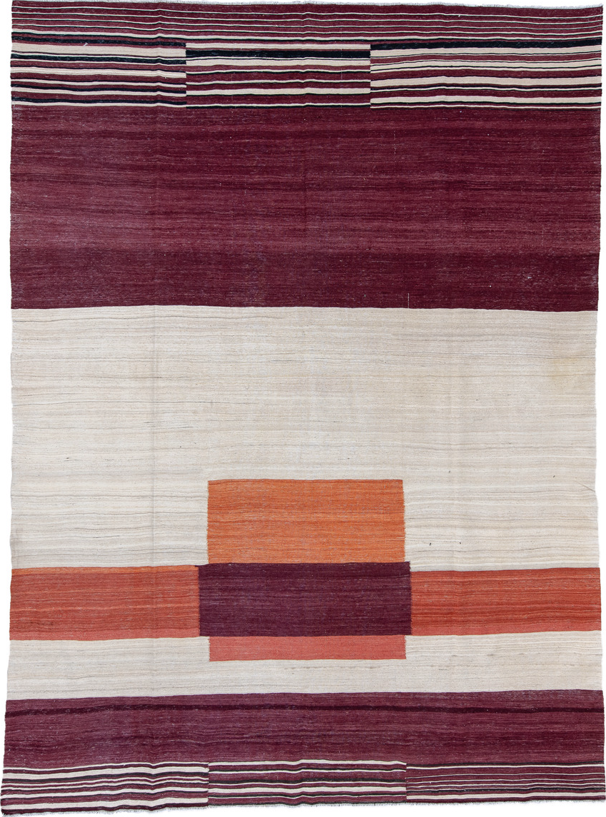 8' x 12' one-of-a-kind handmade vintage Kilim large size rug. Color palette: blue, brown, dark gray, gray, light blue