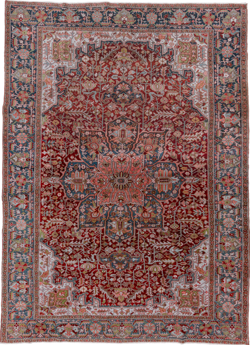 8' x 12' one-of-a-kind handmade vintage Heriz large size rug. Color palette: blue, brown, dark gray, dim gray, gray