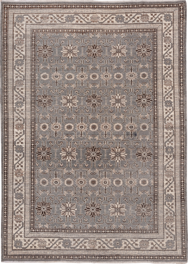 5' x 7' one-of-a-kind handmade vintage Khotan rug. Color palette: brown, dim gray, gray, light gray, off-white, pink