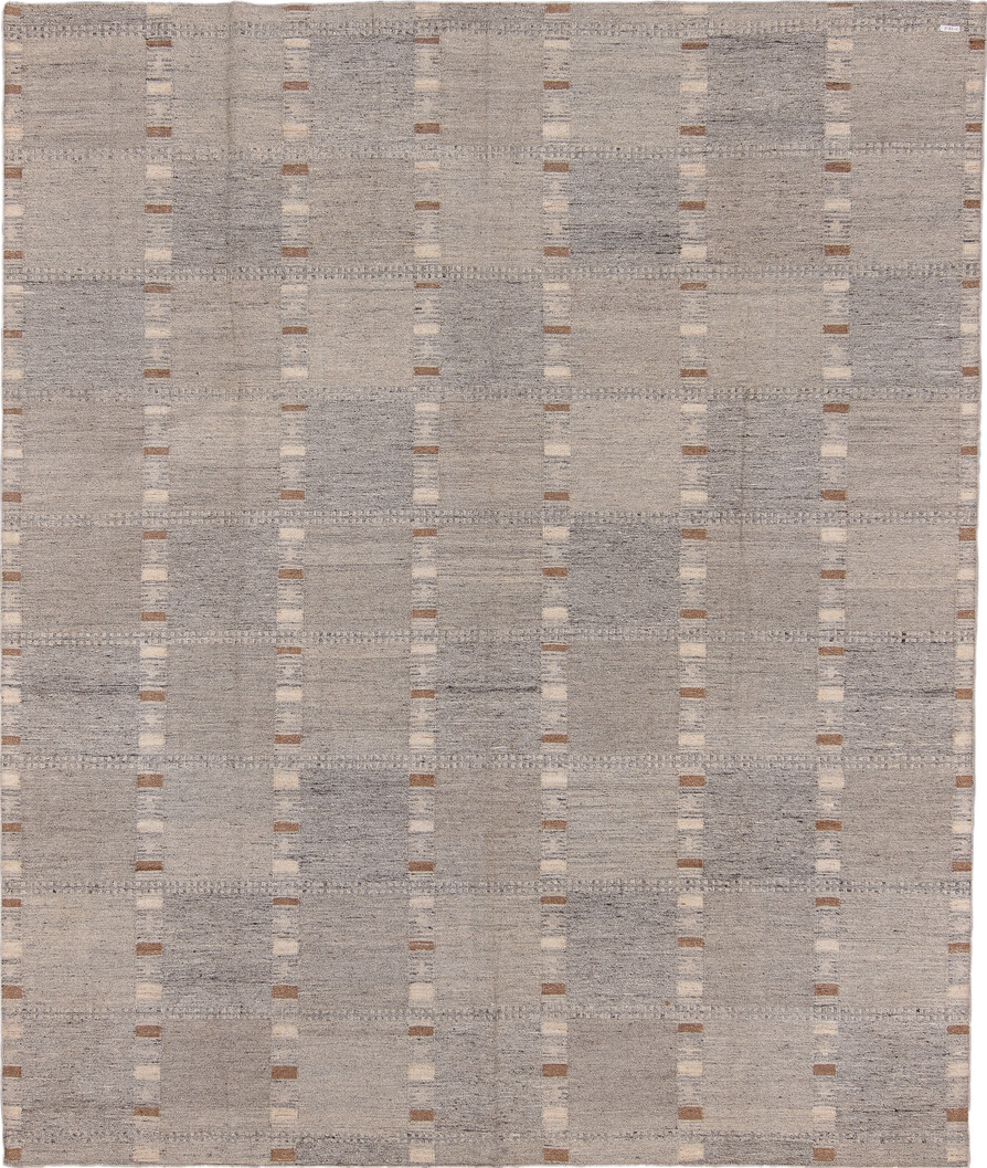 8' x 9' one-of-a-kind handmade vintage Kilim rug. Color palette: gray, light gray, off-white, pink