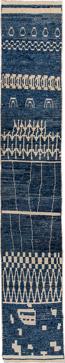 2' x 14' one-of-a-kind handmade vintage Tulu runner rug. Color palette: black, blue, brown, gray, light blue, light gray