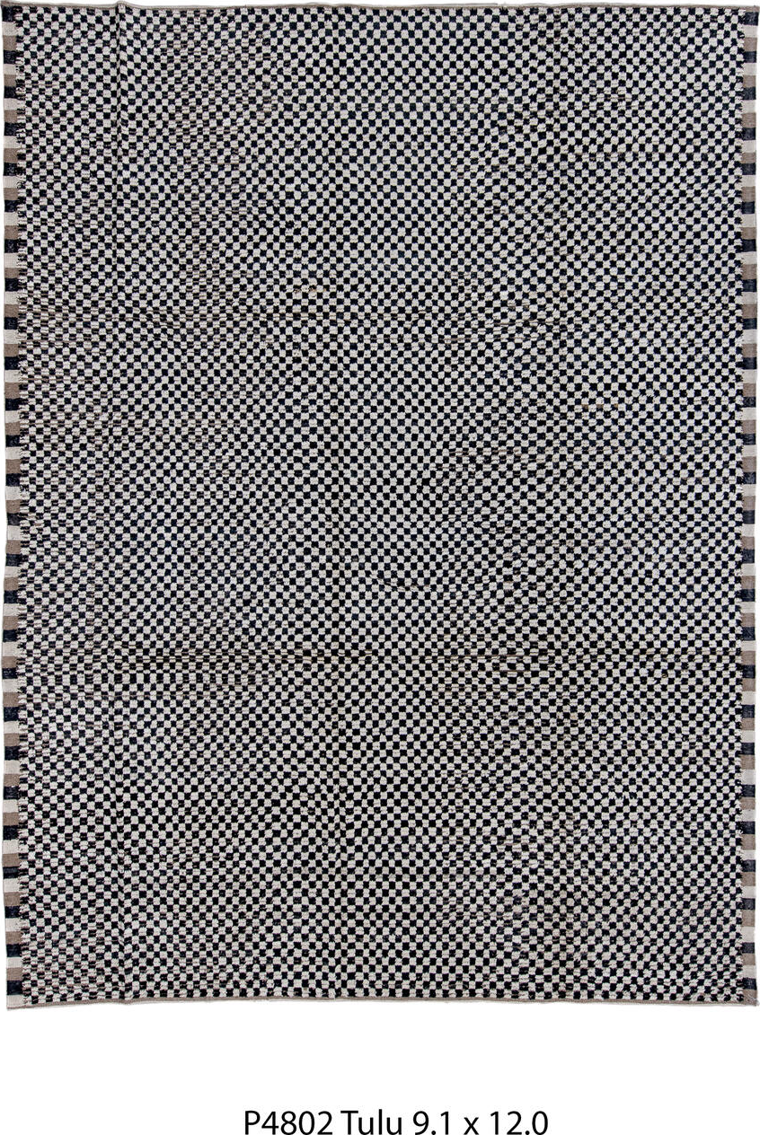 9' x 12' one-of-a-kind handmade vintage Tulu large size rug. Color palette: gray, light gray, off-white, black, light blue