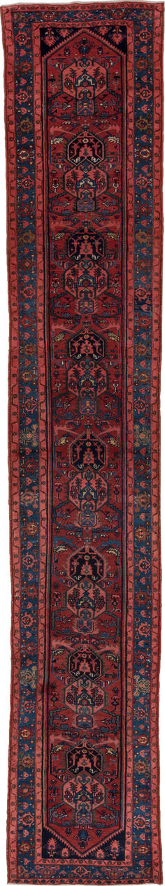 2' x 16' one-of-a-kind handmade vintage Malayer runner rug. Color palette: black, blue, brown, gray, off-white, pink, red