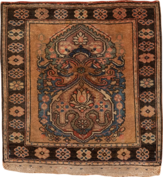 1' x 1' one-of-a-kind handmade vintage Sarouk small size rug. Color palette: brown, gray, light gray, off-white, pink
