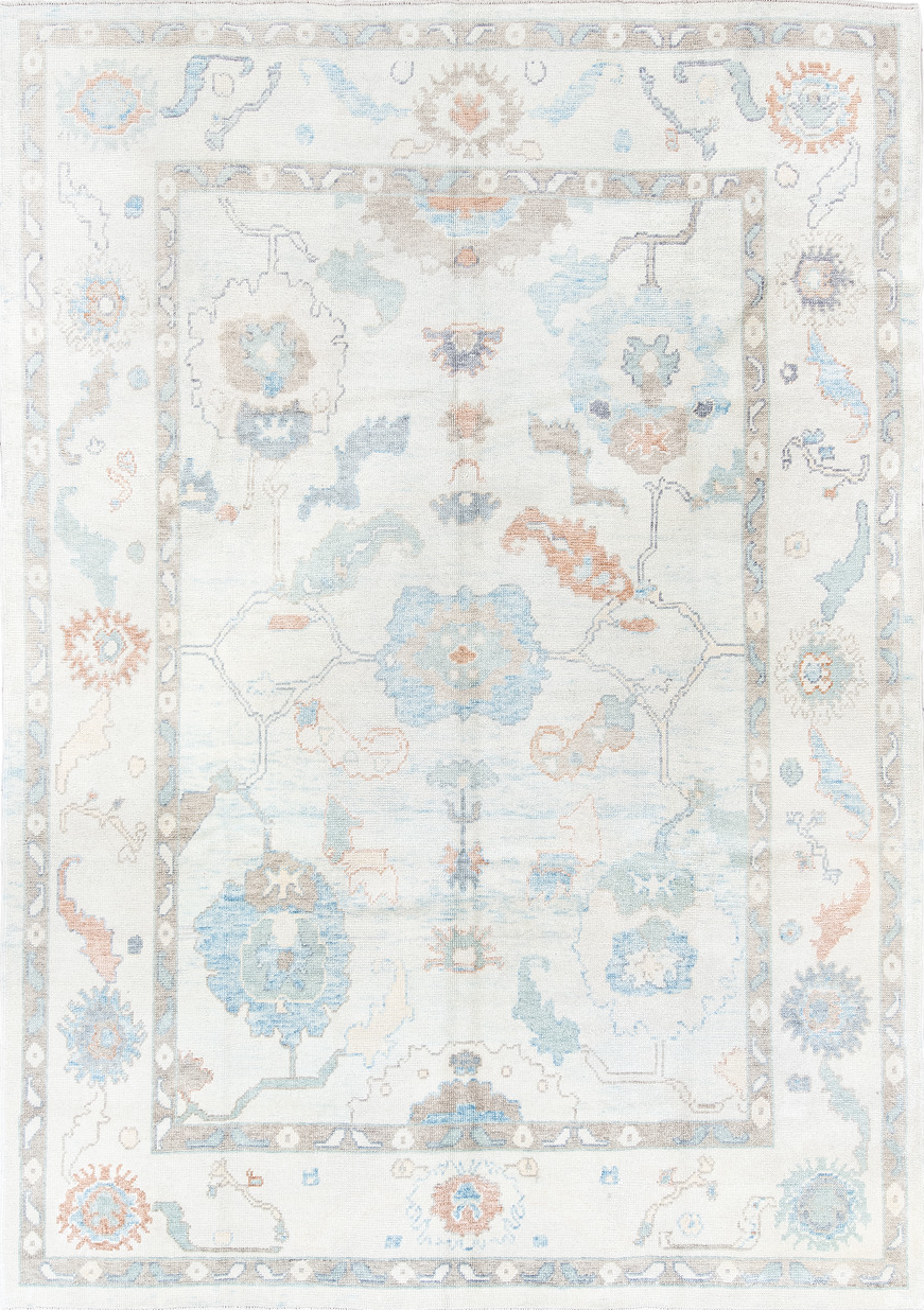 7' x 10' one-of-a-kind handmade vintage Oushak large size rug. Color palette: brown, dark gray, floral white, gainsboro