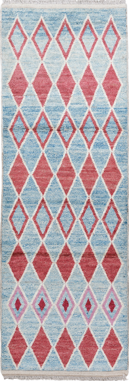 3' x 9' one-of-a-kind handmade vintage Tulu runner rug. Color palette: gray, light gray, pink, off-white, red, brown