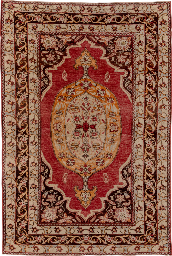 4' x 6' one-of-a-kind handmade vintage Oushak small size rug. Color palette: black, brown, pink, red, saddle brown