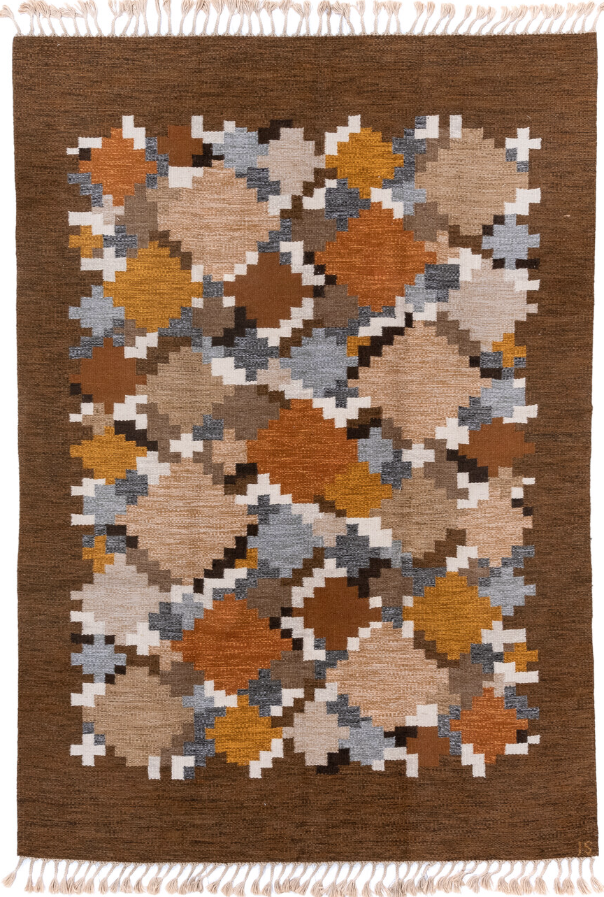 6' x 9' one-of-a-kind handmade vintage Rollaken medium size rug. Color palette: black, brown, dark gray, dim gray, gainsboro