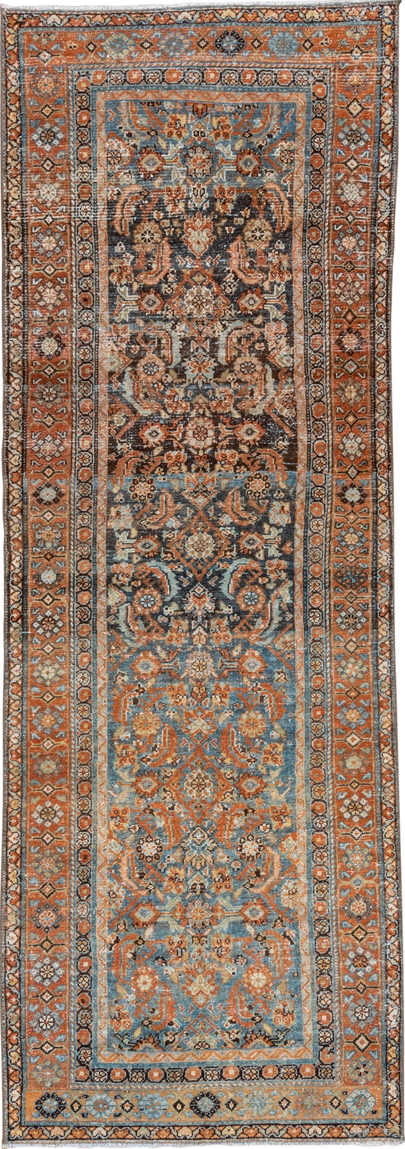 3' x 9' one-of-a-kind handmade vintage Malayer runner rug. Color palette: blue, brown, dim gray, gray, light gray, off-white