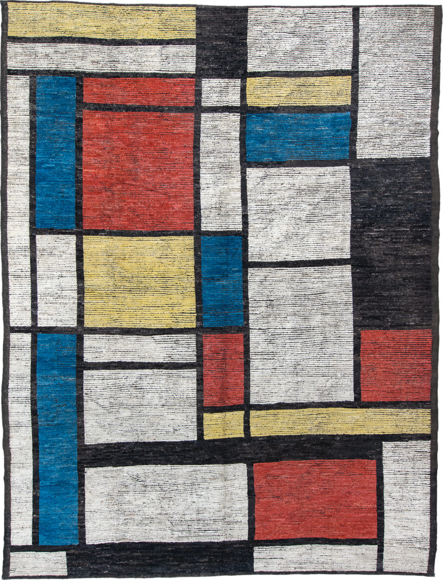 10' x 14' one-of-a-kind handmade vintage Tulu large size rug. Color palette: yellow, orange, gray, off-white, light gray