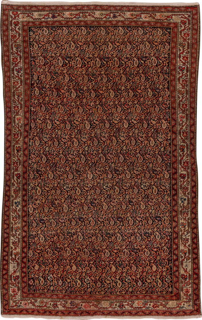 4' x 6' one-of-a-kind handmade vintage Malayer small size rug. Color palette: black, brown, gray, light gray, off-white
