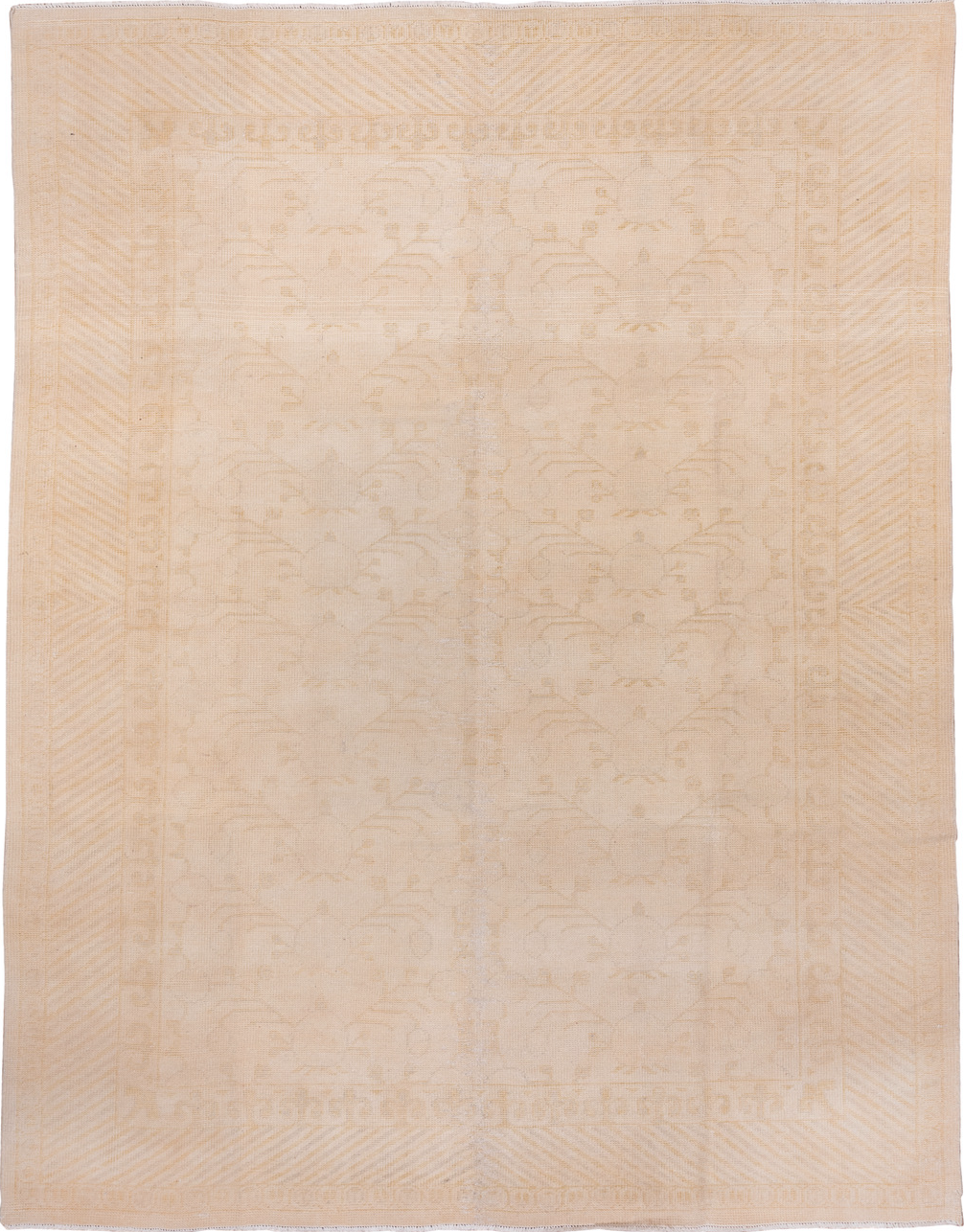 9' x 12' one-of-a-kind handmade vintage Oushak large size rug. Color palette: brown, gray, light gray, off-white, orange