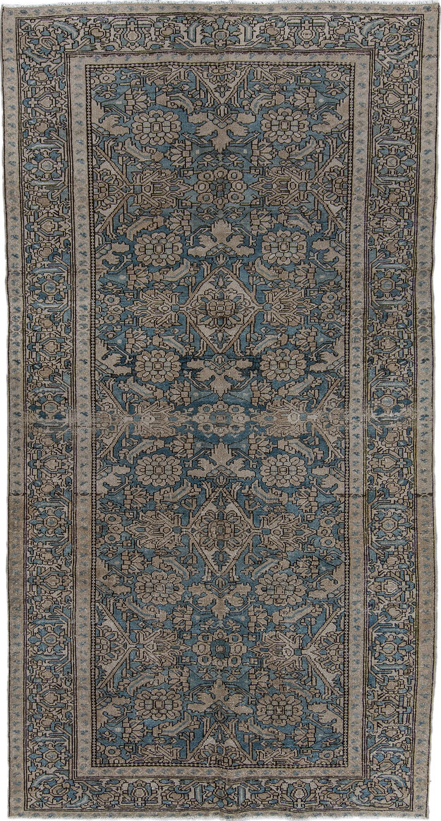 5' x 10' one-of-a-kind handmade vintage Malayer runner rug. Color palette: black, blue, charcoal, gainsboro, gray