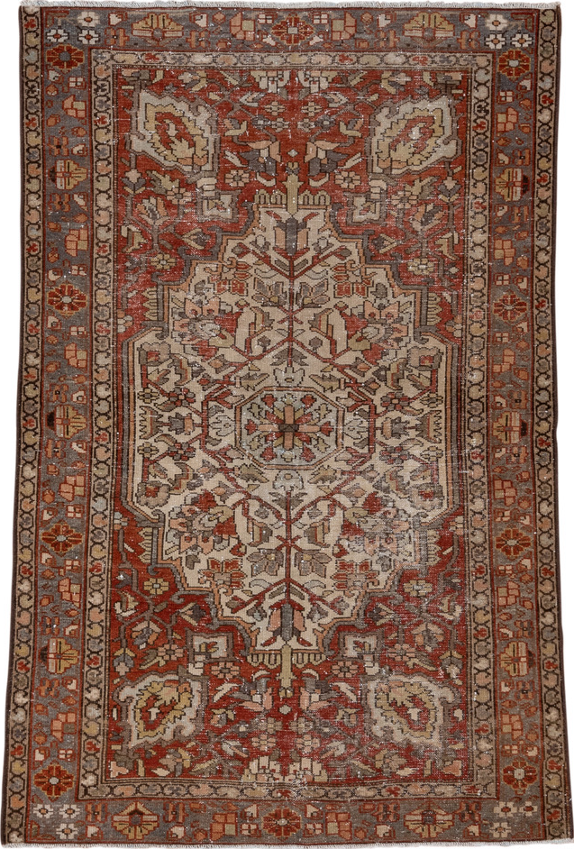 4' x 6' one-of-a-kind handmade vintage Baktiary small size rug. Color palette: brown, gray, light gray, off-white, pink