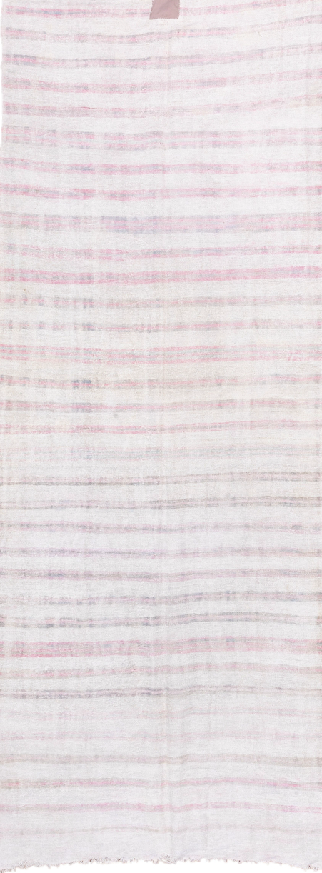 5' x 14' one-of-a-kind handmade vintage Hemp Kilim rug. Color palette: gainsboro, gray, lavender blush, light gray, linen