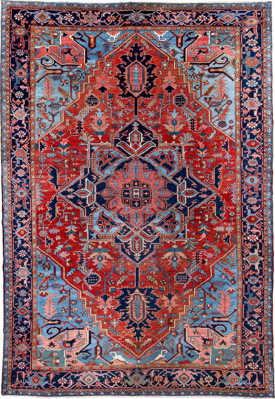 10' x 14' one-of-a-kind handmade vintage Serapi large size rug. Color palette: blue, brown, gray, light blue, light gray