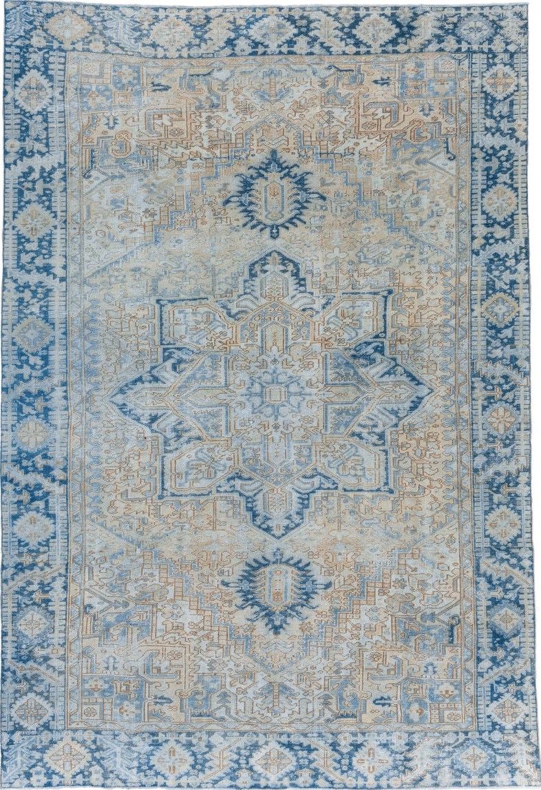 7' x 11' one-of-a-kind handmade vintage Heriz large size rug. Color palette: blue, dark gray, gainsboro, gray, light blue