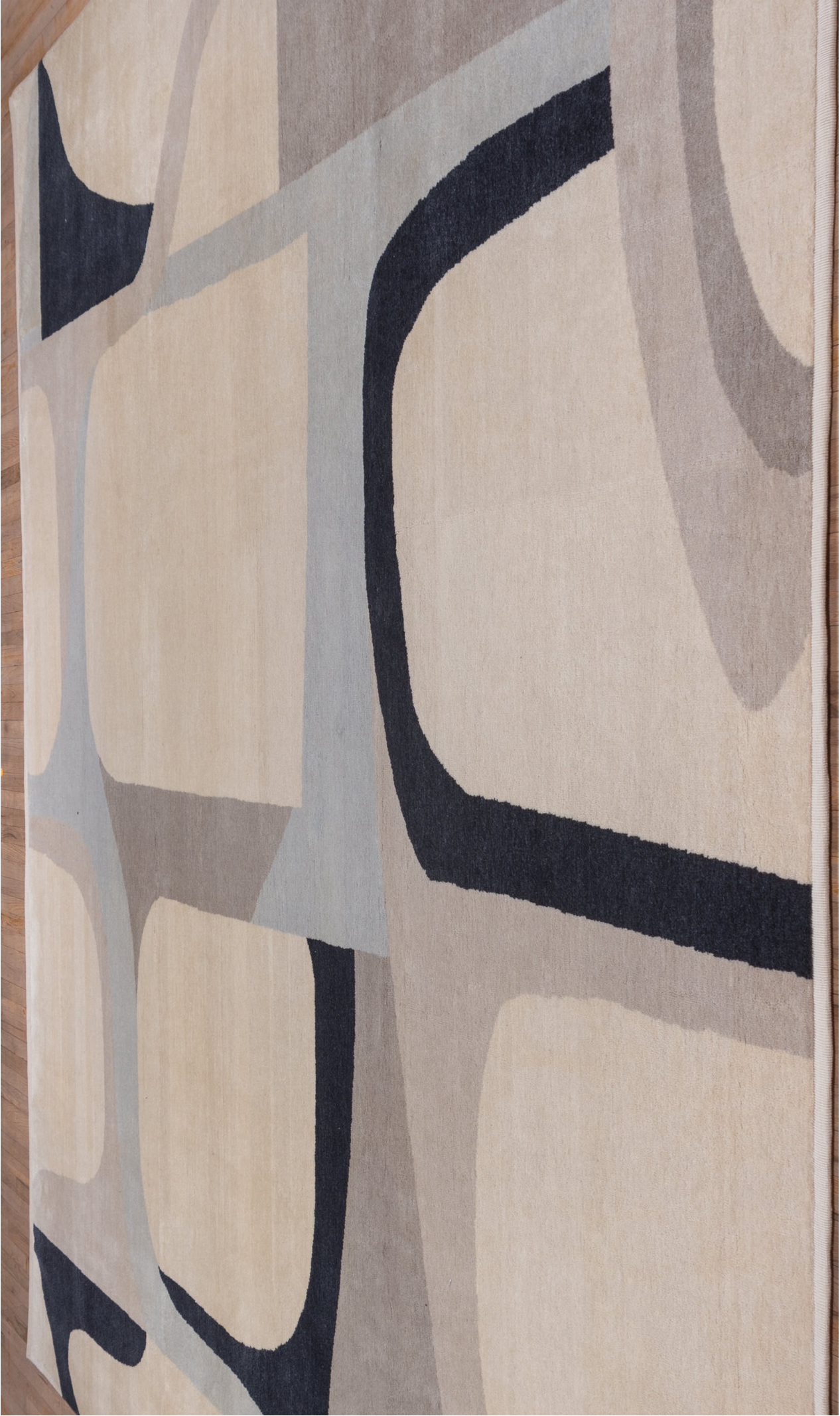 12' x 13' one-of-a-kind handmade vintage Art Deco oversize rug. Color palette: black, blue, brown, dark gray, gray